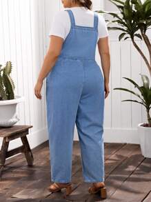 SHEIN LUNE Plus Size Washed Denim Bib Overalls, Casual Vacation - Light Wash - View 3
