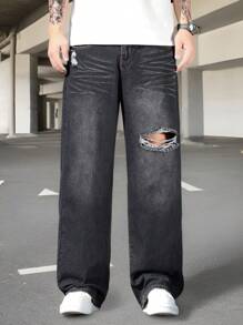 Manfinity Homme Men's Straight Loose Distressed Pocket Jeans - Black - View 6