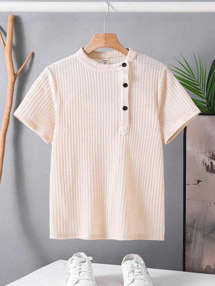 SHEIN Áo thun polo tay ngắn dệt kim mềm mại và thoải mái có cổ xéo dễ thương dành cho bé trai tuổi mới lớn - Màu Khaki - Xem 1