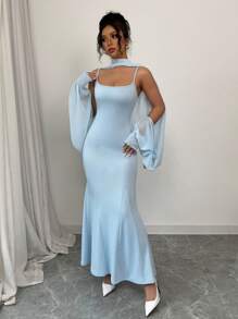 Elenzga 2pcs/Set Figure-Hugging Camisole Dress & Exaggerated Sleeve Top - Blue - View 4