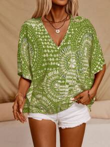 Lyxana 女士花卉印花 V 领蝙蝠袖宽松休闲衬衫、短袖上衣 - 彩色 - 查看 6