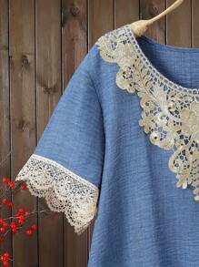 Lacomfia Ensemble 2 pièces de Top à manches courtes et pantalon long en couleur unie et patchwork, grande taille - Bleu gris - Voir 6