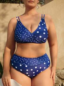 SHEIN Swim Curve 大码女式 V 领波尔卡圆点印花休闲度假泳装比基尼套装，夏季海滩 - 藏蓝色 - 查看 6
