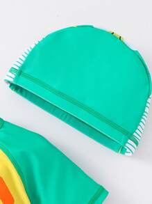 SHEIN Buy 1 Get 1 Free! Buy Swimsuit Get Matching Cap: Young Boys Cute Cartoon Ocean Shark, Skateboard, Coconut Tree, Dinosaur, Letter, Tree, House Colorblock Raglan Sleeve One-Piece Swimsuit + Matching Cap Set. Suitable For Beach, Swimming, Surfing, Vacation, Spring And Summer - Green - View 5