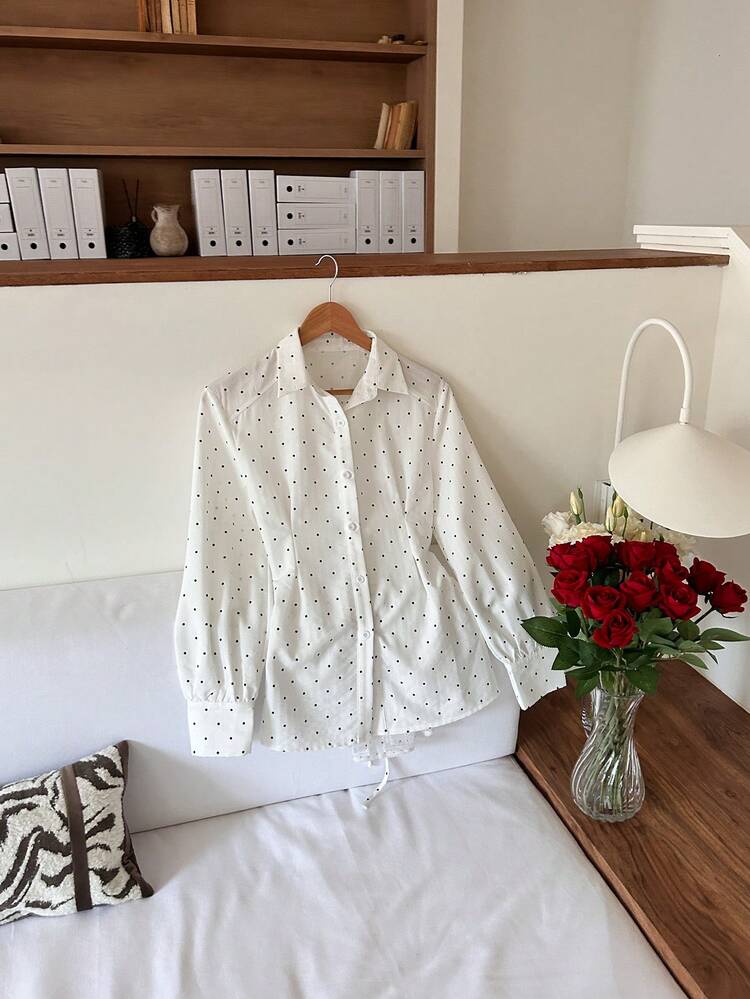 Women's Casual Mesh Stitching Long-Sleeved Polka Dot Shirt,Fall Clothes Long Sleeve Top