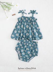 Cozy Pixies Baby Girl Floral Print Bow Shoulder Cami Top & Shorts