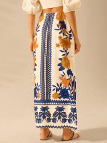 CAJUNI 女士复古波西米亚风花卉印花双开衩半身裙，黄色和蓝色 - 彩色 - 查看 2