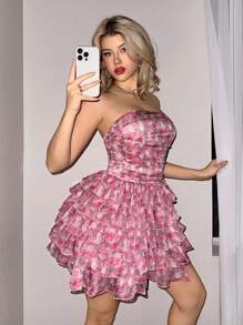 Sweetina 女士 Y2k 花朵春夏装外出印花休闲短款多层抹胸太阳裙 - 粉色 - 查看 1