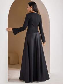 Veilorie 女士优雅黑色拼布缎面微喇叭长袖连衣裙 阿拉伯风格连衣裙 老钱音乐会服装 女士春假服装，端庄 - 黑色 - 查看 5