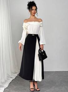 Modelyn Women's Elegant Off Shoulder Pleated Skirt 2 Pieces Set, Suitable For Work, Party And Daily Wear