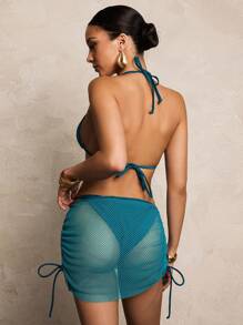 SHEIN Swim 3 Stücke Damen Badeanzug Set - glänzendes Nylongewebe, ausgestellter Rock, Strand, Schwimmbad, Lässig Party, Urlaub, Frühling/Sommer - Taubenblau - Übersicht 2