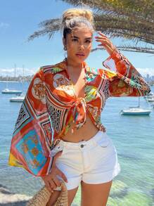 SHEIN SXY 海滩度假几何波尔卡圆点复古图案印花女式轻薄雪纺长袖衬衫 - 彩色 - 查看 6