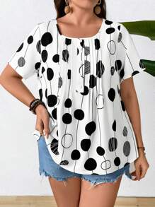 SHEIN LUNE Plus Size Women Geometric Print Round Neck Short Sleeve Button Design Casual Shirt - White - View 3