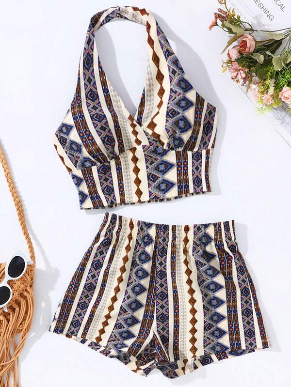 SHEIN Conjunto de top halter con gráfico impreso y shorts informales de vacaciones para adolescentes