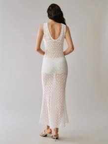 SHEIN LUNE Knitted Hollow Three-Dimensional Flower Elegant Sexy Fishtail Vest Dress - White - View 7