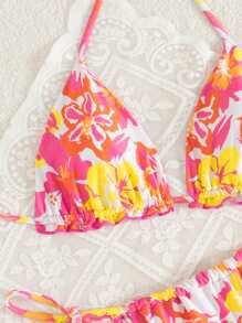 SHEIN Swim Conjunto de 2 piezas de ropa de playa para mujer, con top de halter con volantes con estampado floral y pantalones de baño con lazada lateral, para vacaciones de verano