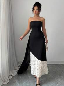 Elenzga 1pc Fitted Knit Dress With Colorblock And 3D Cut-Out Rose Pattern, Bustier Style - Black - View 5