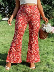Breezaya Plus Size Women Retro Print High Waisted Flare Leg Long Knit Pants