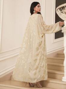 Al Najma 女士金色花卉印花长袖长袍和连衣裙阿拉伯服装套装，朴素 - 彩色 - 查看 2