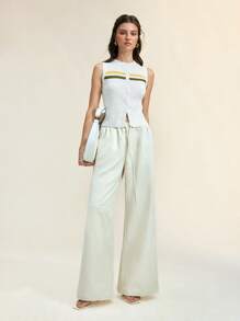 SHEIN Unity Women's Contrast Colorblock Drawstring Waist Wide Leg Trousers , Summer For Women, Sports Wear Fall For Women - Beige - View 3
