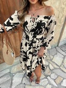Chiquease Off Shoulder Elastic Waist Ruffle Hem Floral Print Dress, Slimming - Multicolor - View 6