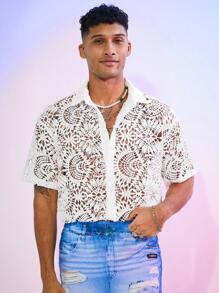 FeverCity Men's Loose Water-Soluble Lace Short Sleeve Shirt