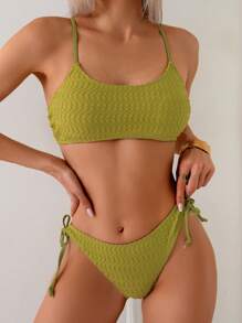 SHEIN Swim Conjunto de traje de baño de 2 piezas para vacaciones de verano, de tela de jacquard amarillo mostaza con sujetador y Bottom con cortes laterales y atar a la cintura, para la playa
