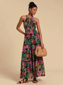 Travachic 女士热带花卉印花荷叶边下摆露背连衣裙，适合海滩度假 - 黑色 - 查看 3