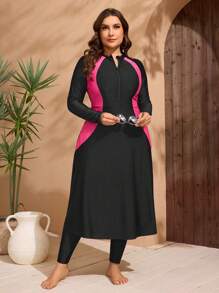 Swim Mulvari Plus Size Women's 2 Pieces Set Black Zipper Patchwork Rose Red Striped Dress With High Waist Pants, Minimalist For Daily Wear Burkinis For Summer Beach Vacation - Black - View 5