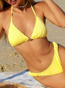 SHEIN Swim Women Summer Beachwear Sets For Women, Yellow Textured Fabric Shoulder Strap Simple Summer Vacation 2 Pieces Bikini Swimwear - Yellow - View 8