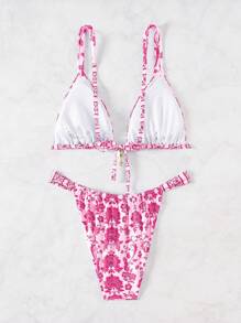 SHEIN Swim Curve Plus Size Floral Print Triangle Bra & Thong Bikini Swimwear, Summer Beach Vacation - Multicolor - View 2