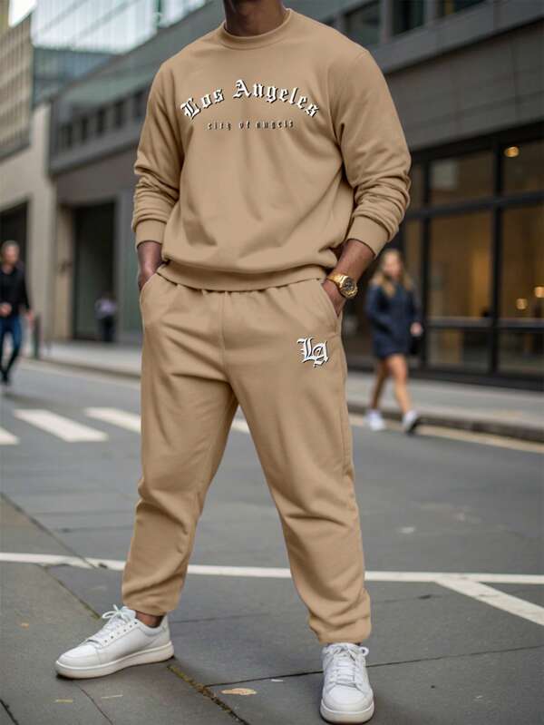 Manfinity LEGND Conjunto de sudadera y pantalón de chándal de 2 piezas con estampado de letras, para hombre talla grande, para otoño