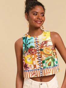 Travachic Canotta corta aderente da donna in misto lino, con stampa di frutti tropicali, senza maniche, stile boho, comoda e alla moda, adatta per vacanze estive - Multicolore - Visualizzare 3