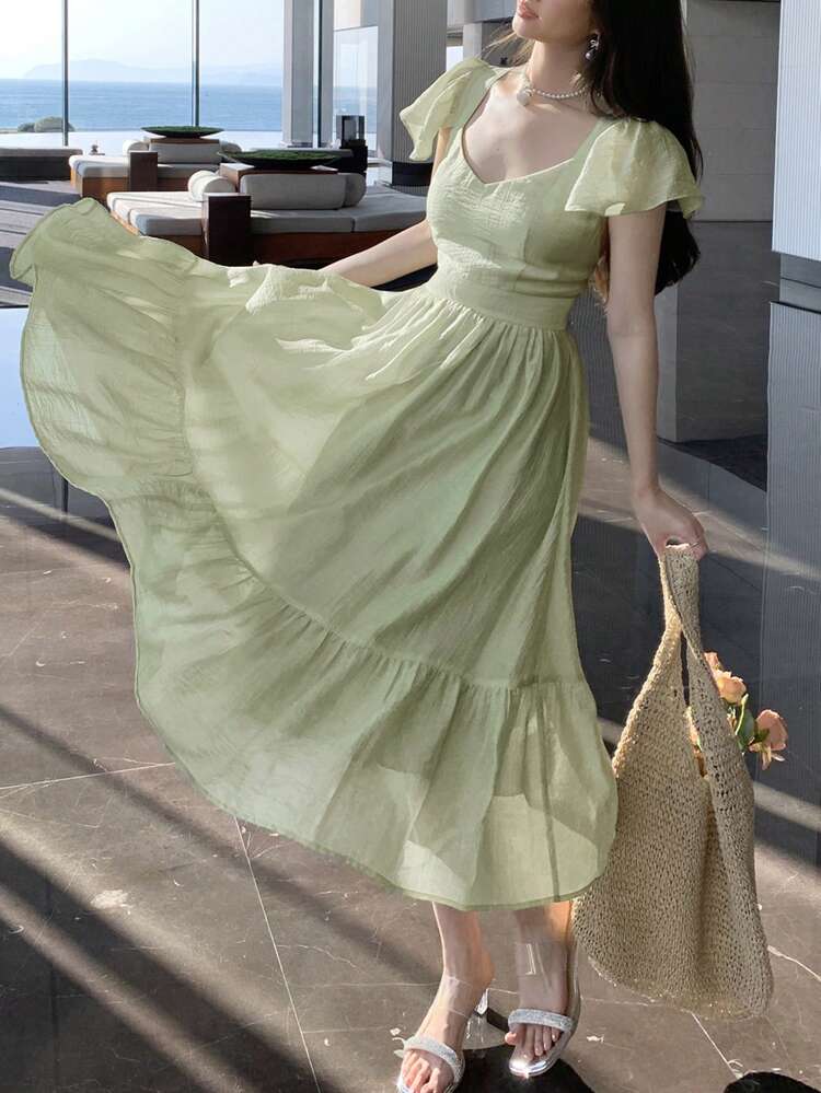 Women's Summer New Waist-Cinched Elegant Dress, Beach Vacation Open Shoulder Long Dress,Casual Women Dresses Easter