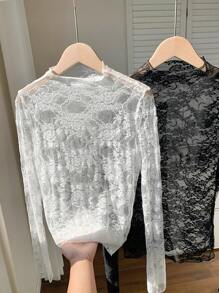 Comfortcana 2pcs Pair Women Lace & Mesh Long Sleeve Sexy Top, 2 Pieces Set - Black and White - View 4