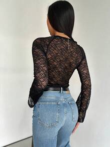 Aloruh 1pc Women's Black Long Sleeve Hollow-Out Sexy Blouse - Black - View 2