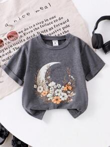 Young Girl Casual Short Sleeve Floral & Crescent Moon Print Tee, Daily/Outdoor Wear For Summer - Grey - View 5