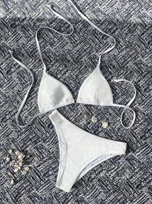 SHEIN Swim Women's Plain Textured Fabric Halter Neck Strappy Bikini Set, Vacation Style, Summer Beach - White - View 3