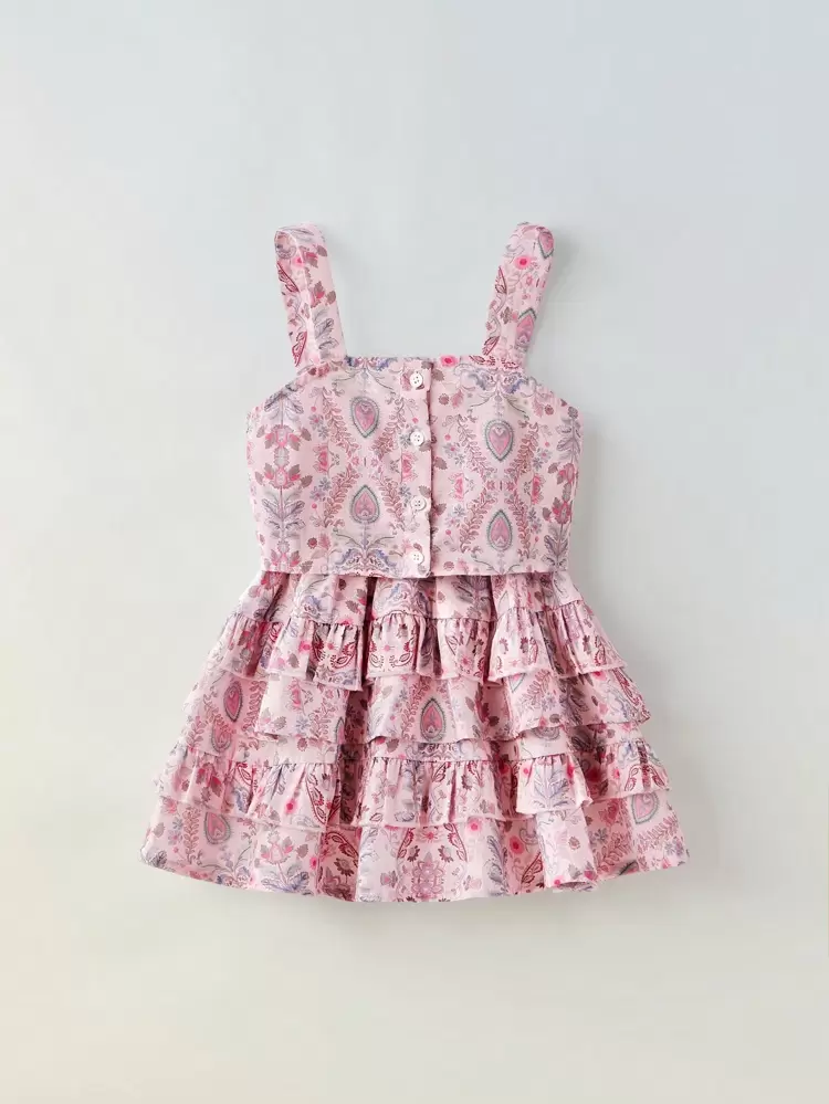 Young Girl Floral Retro Print Adjustable Strap Layered Ruffle Hem Short Dress, Fashion Vintage For Outdoor, Home, School, Vacation, Boho Style Two Pieces Set, Spring/Summer Floral Holiday Outfits