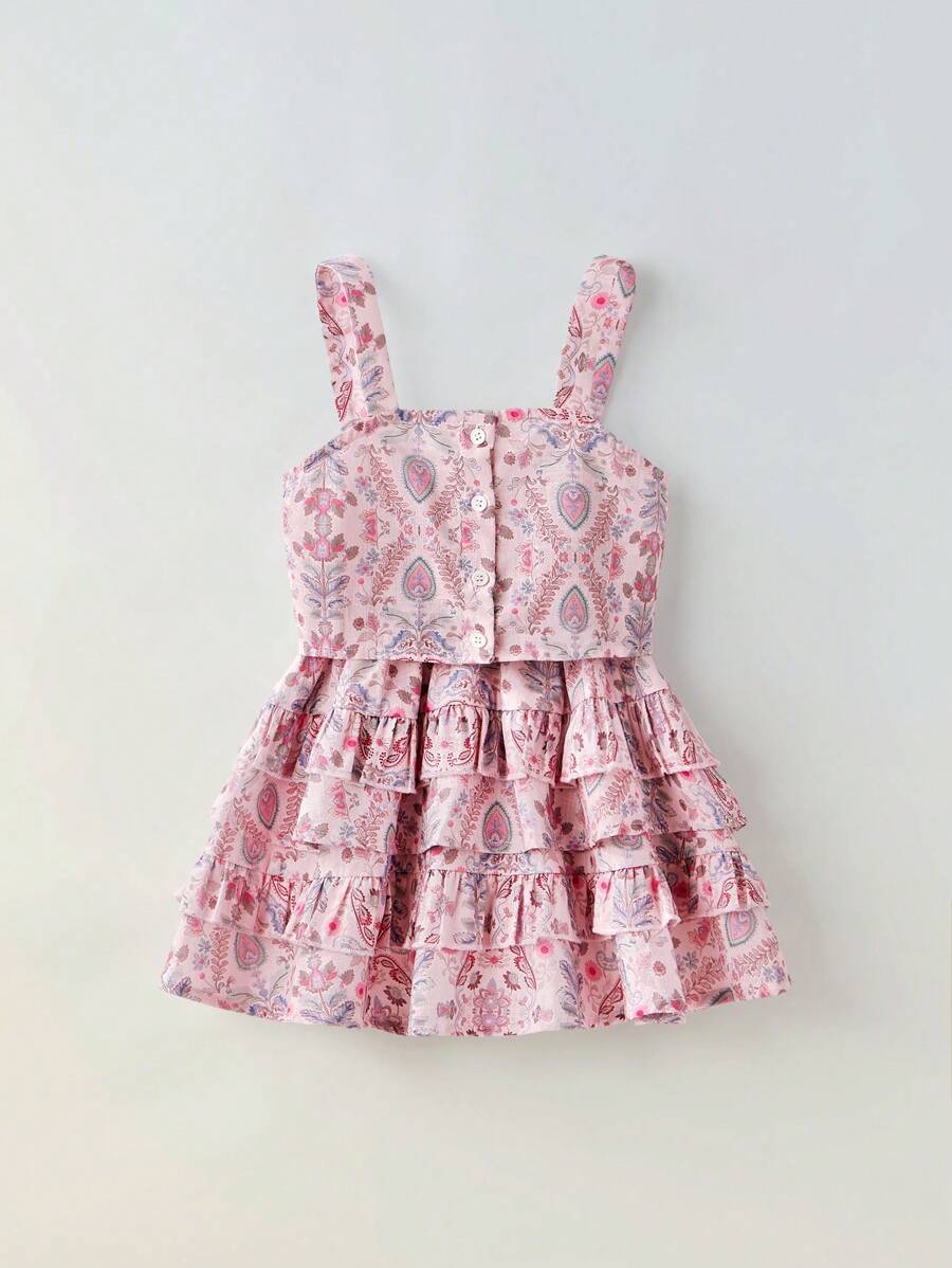 SHEIN Maija Kids فستان قصير للفتاة الصغيرة بطبعة زهور عتيقة، حواف مكشكشة بأربطة قابلة للتعديل، طقم من قطعتين للاستخدام في الخارج والمنزل والمدرسة والعطلات، بطراز بوهو في فصلي الربيع والصيف - وردي - مشاهدة 1