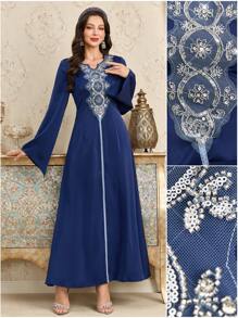 Al Najma V-Neck Jeweled Embroidered Flared Sleeve Swing Arabian Dress - Blue - View 1