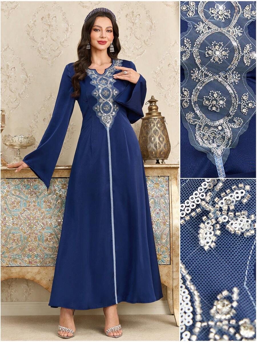Al Najma V-Neck Jeweled Embroidered Flared Sleeve Swing Arabian Dress - Blue - View 1