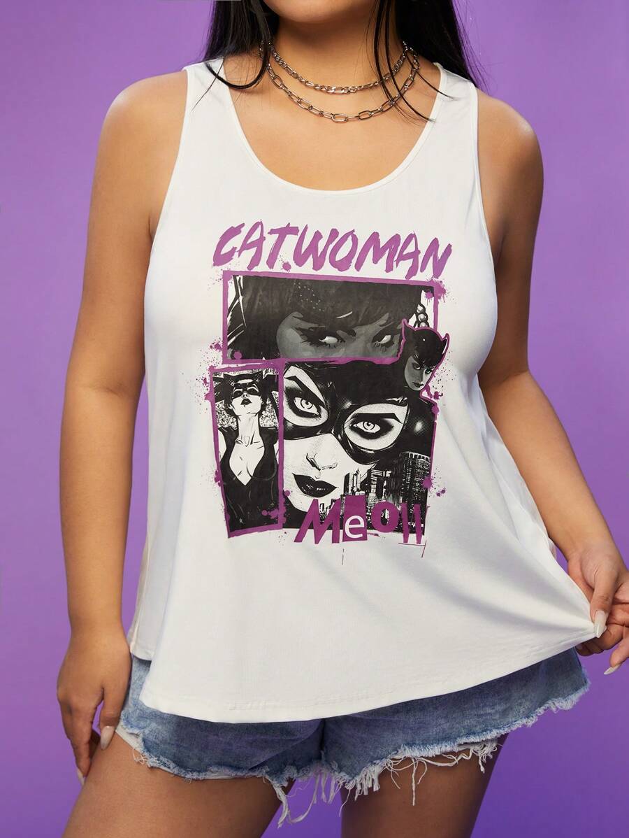 CATWOMAN X SHEIN Große Größe klassischer, vielseitiger, dunkel-würziger Cartoon Charakter Logo bedrucktes weißes A-Linien Locker Trägershirt, Sommer - Weiss - Übersicht 1