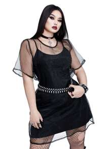 Whyspr Vestido informal de dos piezas con combinación de lencería transpirable de organza para talla grande, ideal para festivales musicales