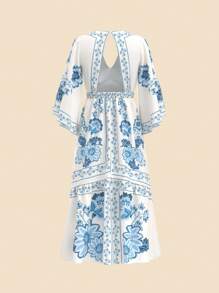 CAJUNI Đầm dài hở lưng họa tiết hoa nhiệt đới Boho cho nữ, cổ chữ V, tay cánh dơi, dành cho kỳ nghỉ hè, màu be - Nhiều màu - Xem 11