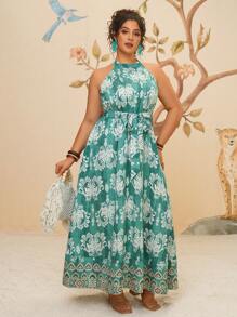 Travachic Vestido largo de camiseta de lino estilo bohemio, casual y retro, de talla grande, con estampado tropical para vacaciones en la playa para damas - Verde - Ver 4