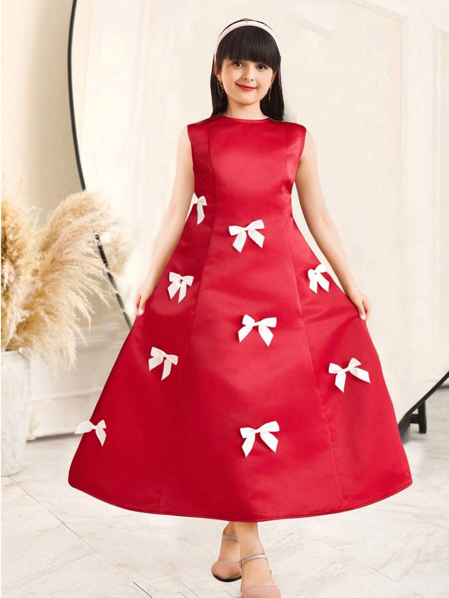 SHEIN Leap Crew Tween Girl 优雅圆领无袖蝴蝶结细节派对连衣裙