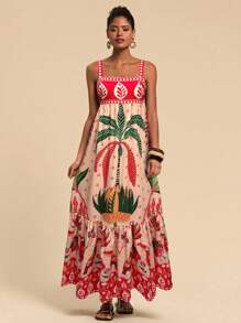 Travachic Vestido largo tipo camiseta sin mangas con volantes y estampado de plantas