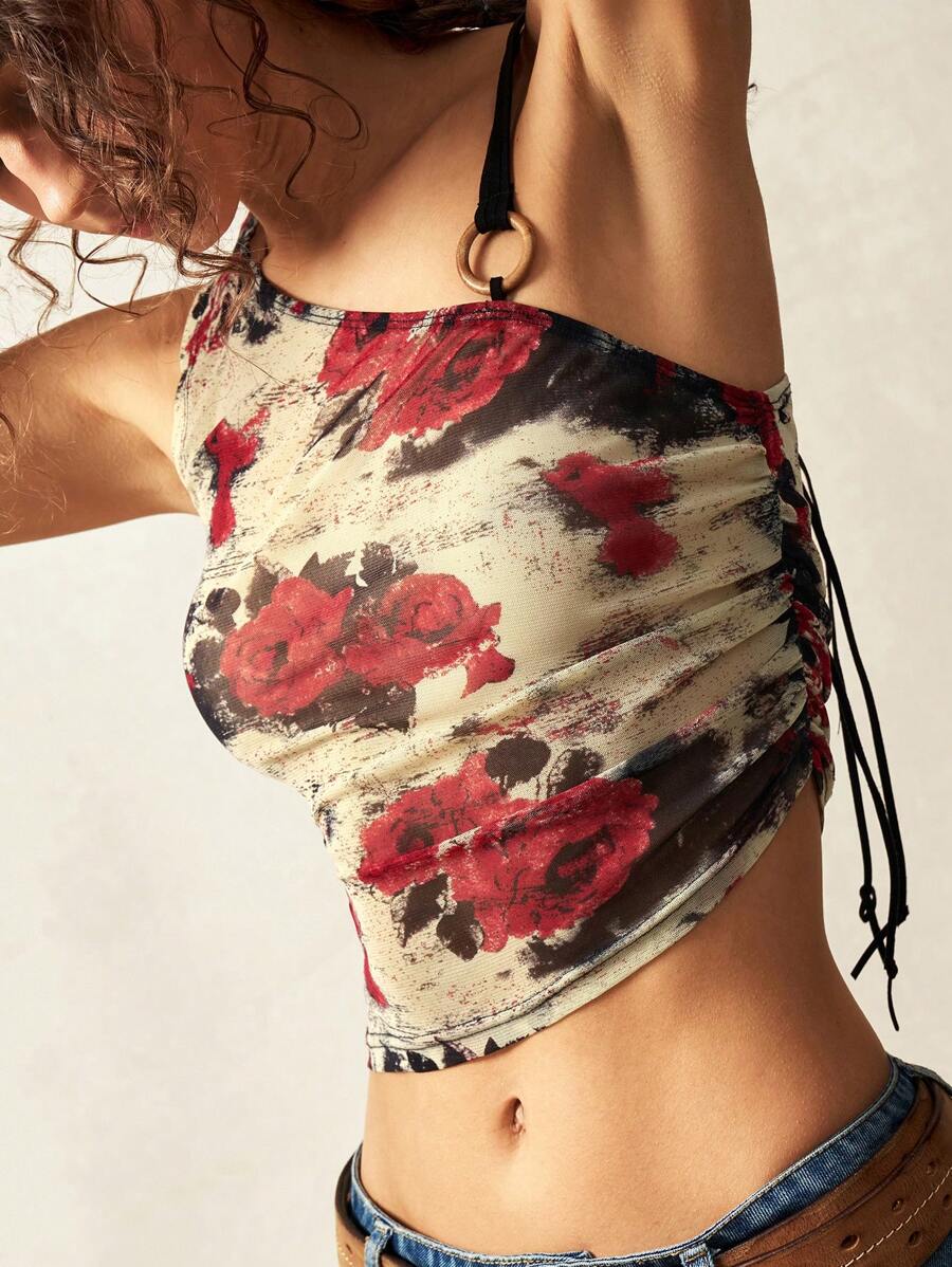 Bohemela Top de mode féminin imprimé floral asymétrique sans manches pour villégiature