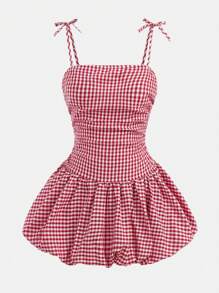 Girlism Teen Girls Sweet Retro Butterfly Check Ruffle Strap Bubble Dress / Back-To-School Outfit, Cute, Holiday Family Outdoor Spring Picnic Everyday Wear, Suitable For Various Occasions - Red and White - View 3